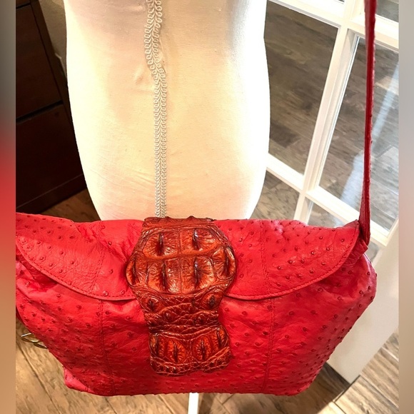 Bolingo By Susan Todd Red Designer Exotic Crocodile and Ostrich Hobo Handbag VTG - Picture 4 of 14
